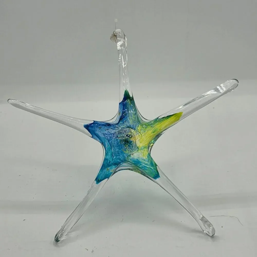 Signed Luke Adams Hand Blown Art Glass Starfish Suncatcher Ornament Blue Green 8